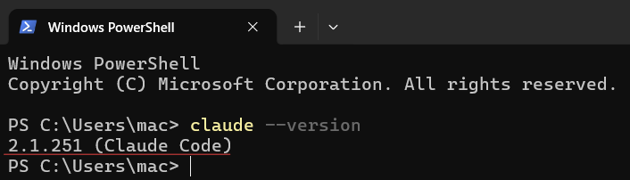 Проверка версии Claude Code в PowerShell