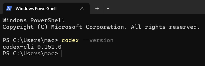 Проверка версии Codex в PowerShell