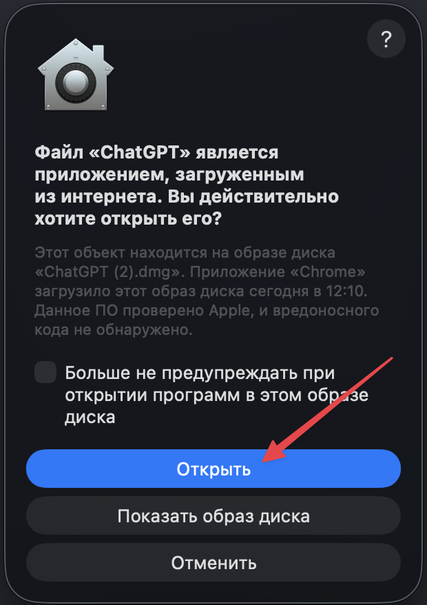 Запрос macOS на открытие ChatGPT