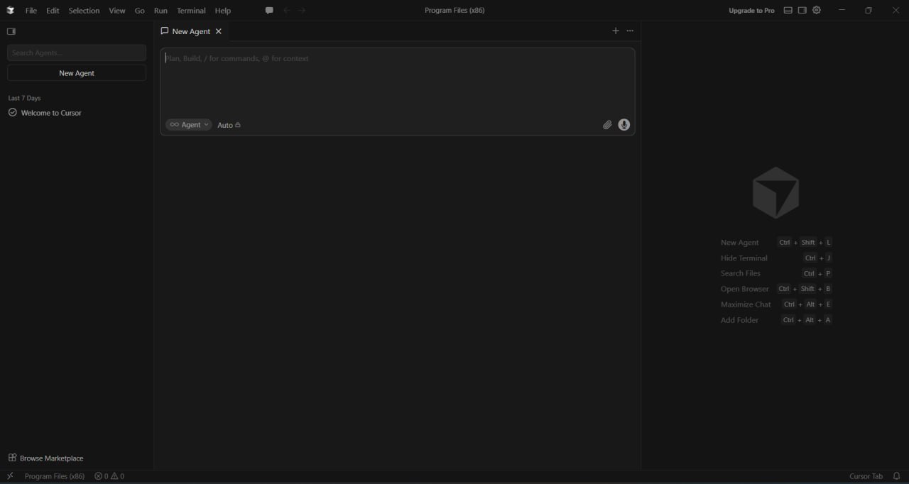 Cursor в режиме Agent — пустое окно без панели файлов