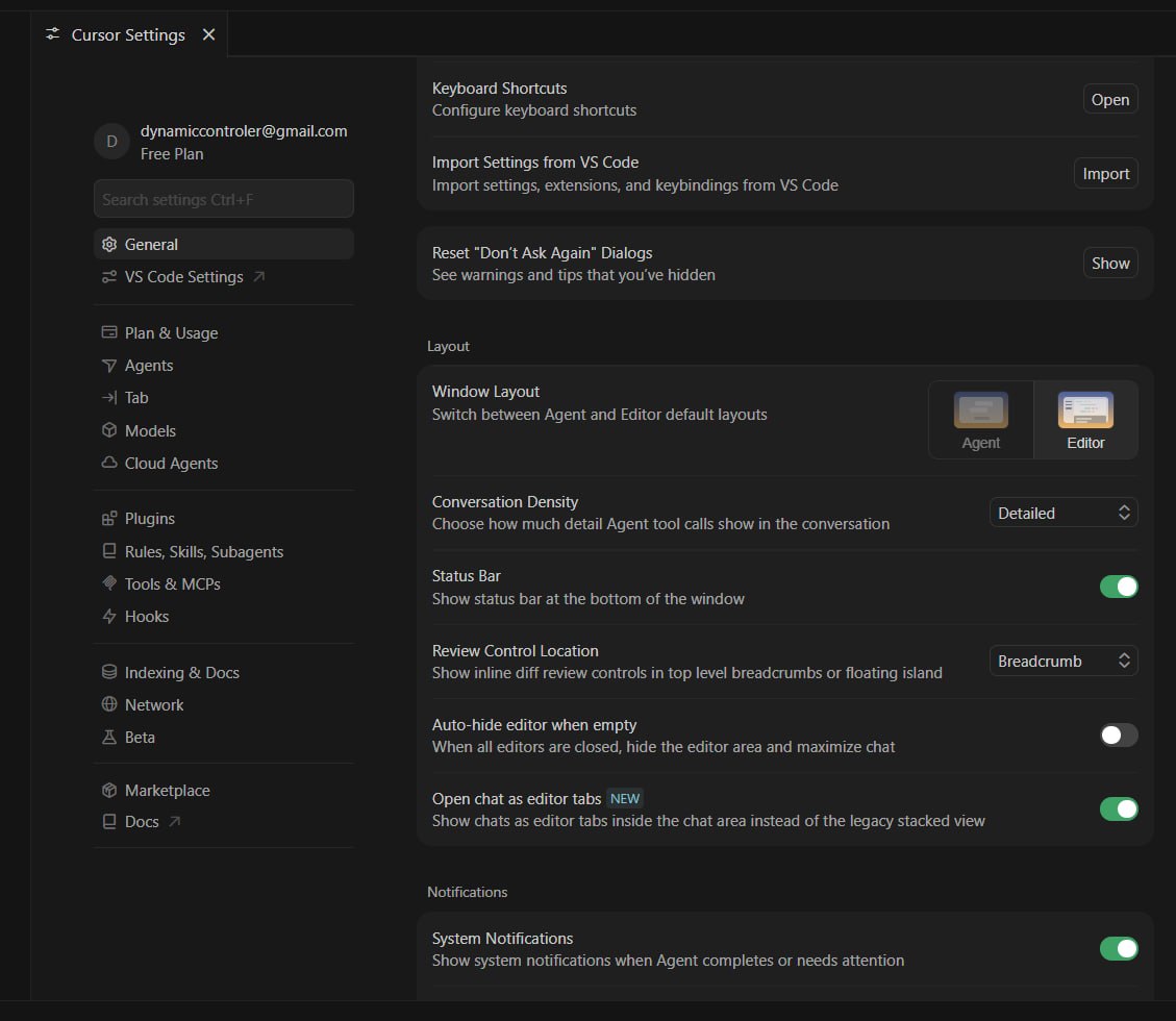 Настройки Cursor — раздел General, блок Window Layout с выбранной кнопкой Editor