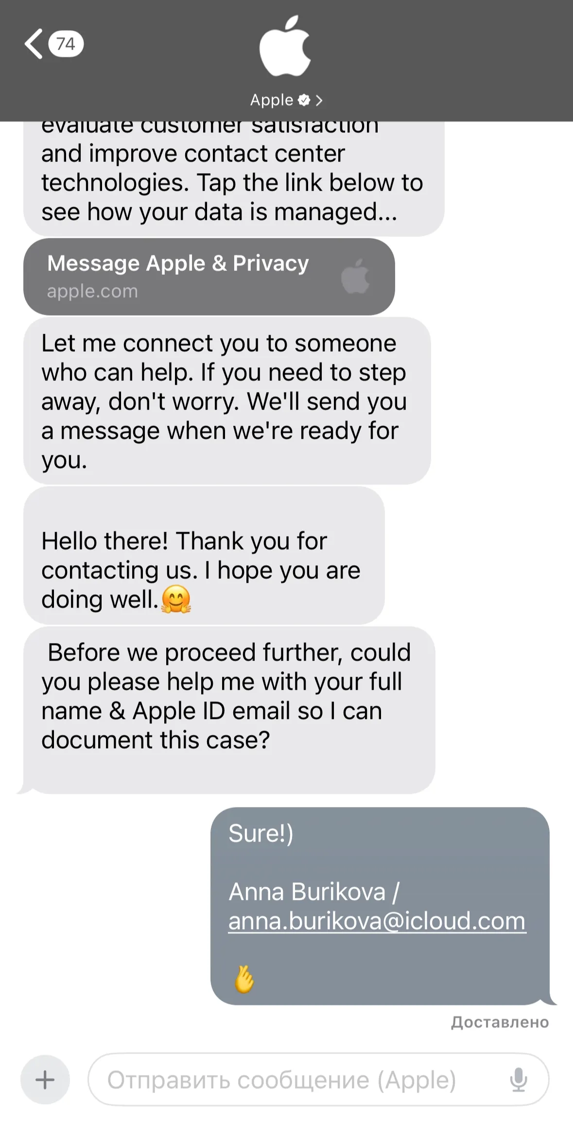 Чат с поддержкой Apple — баланс успешно очищен
