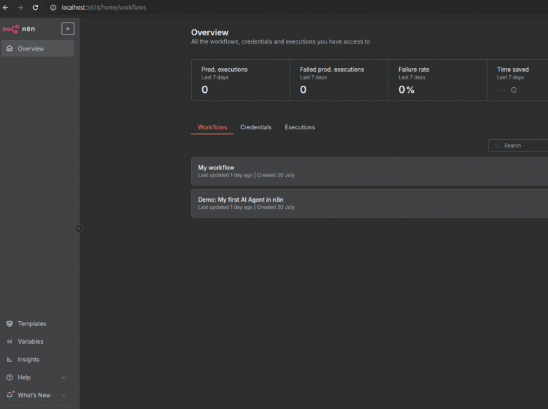 Dashboard n8n после первого входа